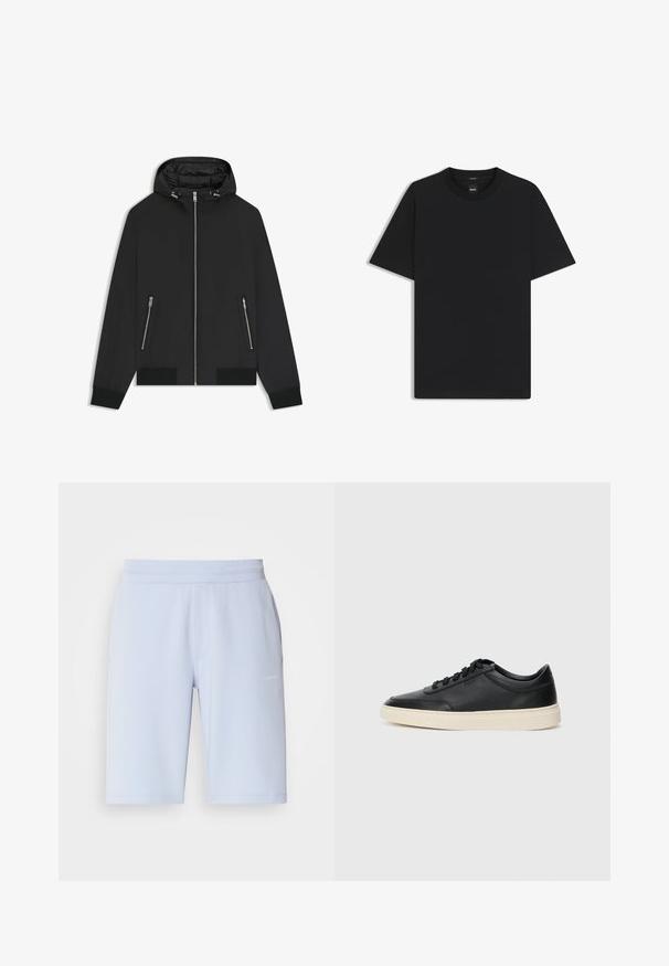 Black hooded jacket with front zipper, two zipped side pockets, elastic cuffs, and padded interior on the hood.; Black short-sleeve T-shirt made from a smooth cotton blend, featuring a crew neckline and a minimalistic design with no patterns or accents.; Light blue athletic shorts made of soft fabric, featuring an elastic waistband and side pockets. Small logo detail on the front.; Black low-top leather sneaker with black laces and off-white sole shown in side profile on white background.