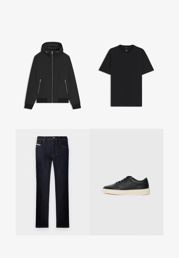 Mustat hupparitakki etuvetoketjulla, joissa on kaksi vetoketjullista sivutaskua, joustavat hihansuut ja toppaus hupun sisällä.; Musta lyhythiha T-paita, joka on valmistettu sileästä puuvillasekoitteesta. Paita on varustettu pyöreällä pääntiehen ja siinä on minimaalinen muotoilu ilman kuvioita tai yksityiskohtia.; Tummansiniset farkut, joissa on suora lahje, viisi taskua, nappisulku ja kontrastivärisiä ompeleita.; Musta matalavartinen nahkastretchu, jossa on mustat nauhat ja vaaleanharmaa pohja, esitetty sivuprofiilissa valkoista taustaa vasten.