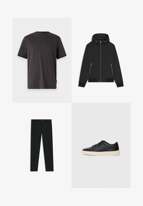 Mustat hupparitakki etuvetoketjulla, joissa on kaksi vetoketjullista sivutaskua, joustavat hihansuut ja toppaus hupun sisällä.; Lyhytsleeveinen hiilenharmaa T-paita pehmeästä kankaasta. Mukana pyöreä pääntie ja pieni logo rinnassa. Sileä rakenne.; Musta housut, joissa on suora lahje, valmistettu sileästä kankaasta. Edessä nappisulku ja vyölenkit. Yksinkertainen ilman kuvioita.; Musta matalavartinen nahkastretchu, jossa on mustat nauhat ja vaaleanharmaa pohja, esitetty sivuprofiilissa valkoista taustaa vasten.