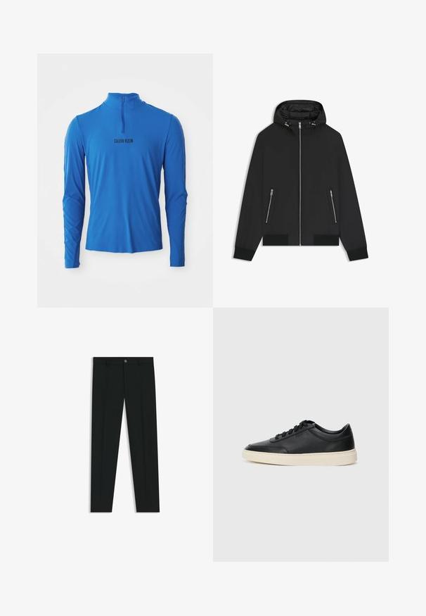 Black hooded jacket with front zipper, two zipped side pockets, elastic cuffs, and padded interior on the hood.; Long-sleeve, quarter-zip top in bright blue, featuring a smooth texture and the printed brand name "CALVIN KLEIN" in black on the front.; Black dress pants with a straight-leg design, made of smooth fabric. Features a front button closure and belt loops. Plain without patterns.; Black low-top leather sneaker with black laces and off-white sole shown in side profile on white background.