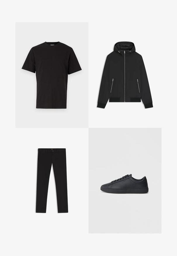 Black hooded jacket with front zipper, two zipped side pockets, elastic cuffs, and padded interior on the hood.; Black cotton t-shirt with a crew neckline, short sleeves, and subtle embroidered text on the chest. Smooth texture, standard fit.; Black trousers made of fabric with a smooth texture. Features a button closure, belt loops, and side pockets. Standard straight-leg design.; Black sneakers made of smooth leather with a low-top design, round toe, and flat rubber sole. Features laces and subtle branding.
