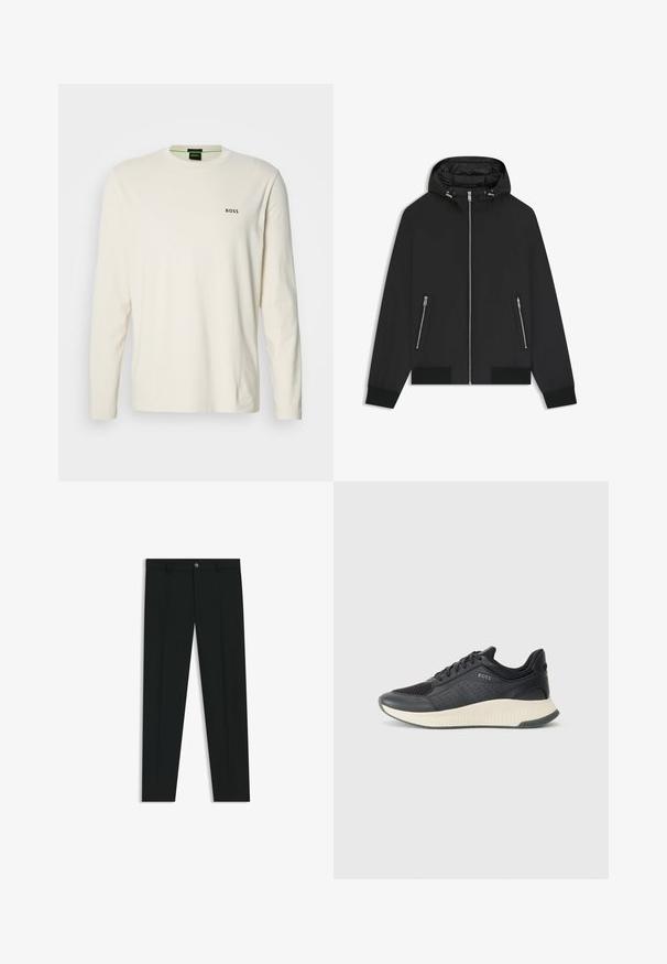 Zwarte hoodie-jack met een ritssluiting aan de voorkant, twee zijzakken met rits, elastische manchetten en een gewatteerde binnenvoering in de capuchon.; Crème lange mouwen t-shirt van katoen, met een ronde hals en een klein zwart 'BOSS' logo op de borst. Glad, lichtgewicht materiaal.; Zwarte dresspants met een recht pasvorm, gemaakt van een gladde stof. Heeft een sluiting met een knoop aan de voorkant en ceintuurlussen. Effen zonder patronen.; Zwarte sport sneaker met een mesh bovenkant met perforaties, een gestructureerde tussenzool in roomkleur en een rubberen buitenzool voor grip.