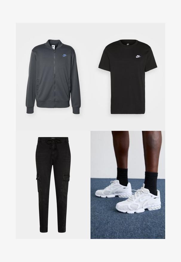 Nike Sportswear CLUB BOMBER - Sportinė striukė - anthracite; Juodas medvilninis marškinėliai su trumpomis rankovėmis, apvaliu iškirpimu ir mažu baltu Nike logotipu viršutinėje kairėje krūtinės pusėje. Lygus paviršius. Klasikinis kirpimas.; Juoda džinsinė cargo kelnė, su reguliuojamu juosmeniu, siaurėjančiomis kojomis ir šoninėmis kišenėmis su užklotais laikymui.; Baltos sportiniai bateliai su tinkline viršutine dalimi, tekstūruotais akcentais ir paminkštintu padu. Puikiai derančios su juodomis klasikinių kojinių iki kulkšnies ant mėlynos kiliminės dangos.