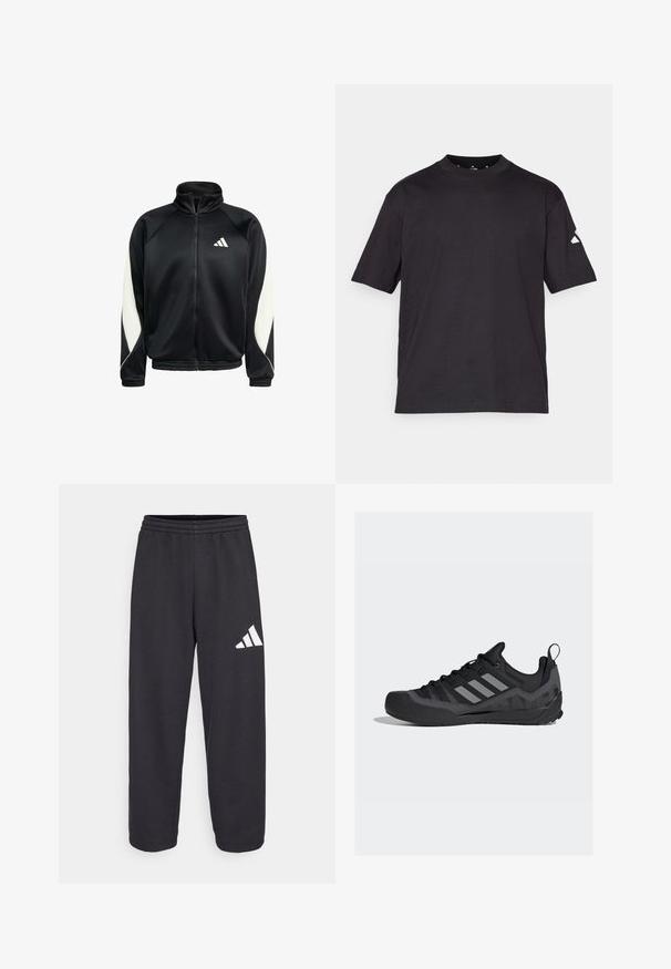 Czarna sportowa kurtka na zamek z białymi panelami na rękawach i logo Adidas na klatce piersiowej, z wysokim kołnierzem oraz elastycznym dołem i mankietami.; Czarna koszulka z krótkim rękawem z miękkiej bawełny. Posiada okrągły dekolt oraz małe białe trójkątne logo na lewym rękawie.; Czarne dresowe spodnie o luźnym kroju, z elastycznym pasem i białym, geometrycznym logo na lewej nogawce. Gładka faktura materiału.; Czarne buty sportowe z siateczkową cholewką, gumową osłoną na palce, szarymi paskami Adidas i teksturowaną podeszwą zapewniającą lepszą przyczepność.