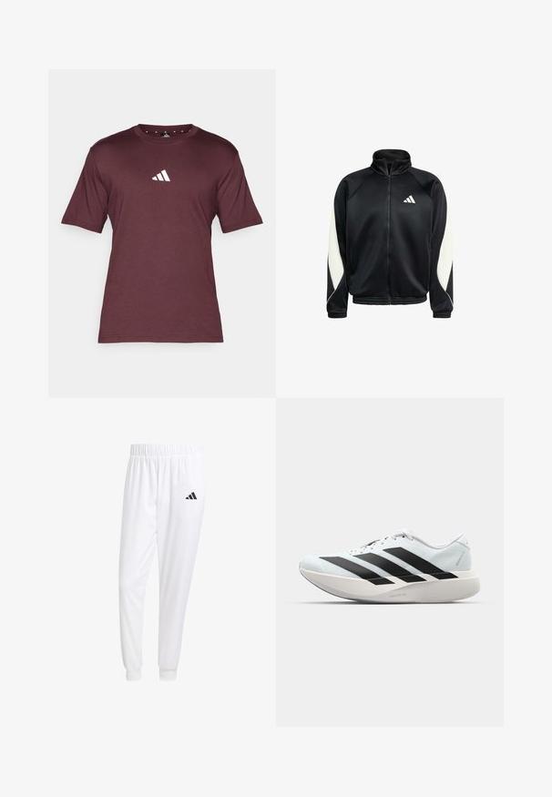 Juodas užtrauktukas sportinis švarkas su baltais rankovių skydais ir Adidas logotipu krūtinėje, turintis aukštą apykaklę, elastingą apatinį kraštą ir rankoves.; Bordo trumpas rankovės marškinėliai, pagaminti iš minkštos medvilnės, su baltu Adidas logotipu ant krūtinės ir apvaliu iškirpimu.; Balti sportiniai keliaraiščiai, pagaminti iš lygios medžiagos, su elastinga liemene ir priglundančiais rankogaliais, ant galinio kišenės yra juodas logotipas.; Lengvi bėgimo batai šviesiai mėlynos spalvos su juodomis juostelėmis. Yra lygus viršus, apvalus pirštas ir storas baltas vidpadis su užrašu "LIGHTSTRIKE PRO."