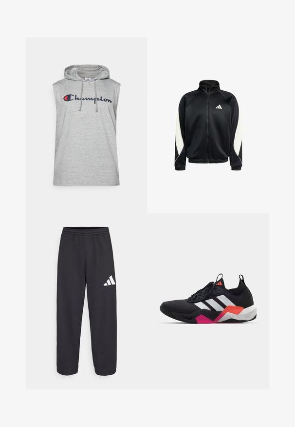 Juodas užtrauktukas sportinis švarkas su baltais rankovių skydais ir Adidas logotipu krūtinėje, turintis aukštą apykaklę, elastingą apatinį kraštą ir rankoves.; Šviesiai pilkas medvilnės mišinio be rankovių kapučino megztinis, su dideliu tamsiai mėlynu "Champion" logotipu priekyje ir raištelių akcentais.; Juodos laisvos sportinės kelnės su elastingu liemeniu ir baltu geometriniu logotipu ant kairiojo kojos. Lygi audinio tekstūra.; Juodos sportinės bateliai su baltais dryžiais, tekstūruota viršutinė dalis ir masyvus padas su oranžinėmis, rožinėmis ir baltomis detalėmis. Su raišteliais ir su traukimo juostele.