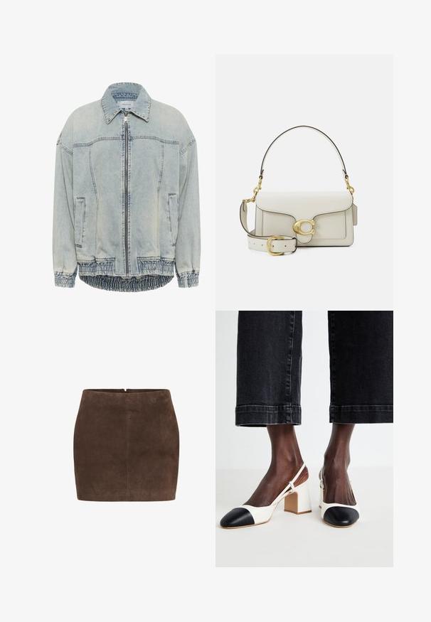 Lichtblauwe denimjas met een rits aan de voorkant, puntige kraag en geribbeld elastisch zoom. Bevat twee zijzakken en contrasterende stiksels.; Witte button-up shirt met een puntige kraag, lange mouwen en een klein blauw logo op de linkerborst. Gemaakt van katoen.; Bruine suedeminirok met een zachte textuur, voorzien van een eenvoudig ontwerp, een ritssluiting aan de achterkant en geen extra versieringen.; Witte en zwarte slingback schoenen met blokhak, een spitse neus, gemaakt van soepel leer en met contrasterende kleuraccenten op de neuskap.; Witte leren handtas met gouden beslag, voorzien van een flapsluiting en een afneembare, verstelbare band. Ronde metalen accenten in het midden.