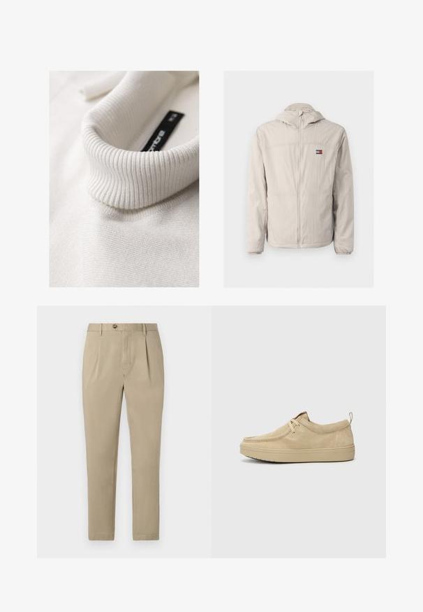 Helle beige windbreaker-Jacke mit Reißverschluss und Kapuze, elastischen Bündchen, seitlichen Taschen und einem kleinen Tommy Jeans-Logo auf der Brust.; Weißer, gerippter Rollkragenpullover in Nahaufnahme, der seine Textur und die Faltendetails des Kragens hervorhebt.; Tommy Hilfiger HARLEM - Chino - camel; Beige Wildlederschlupfschuhe mit runder Spitze, minimaler Nahtführung und Gummisohle. Weicher Stoff mit einem dezenten Markenakzent an der Ferse.