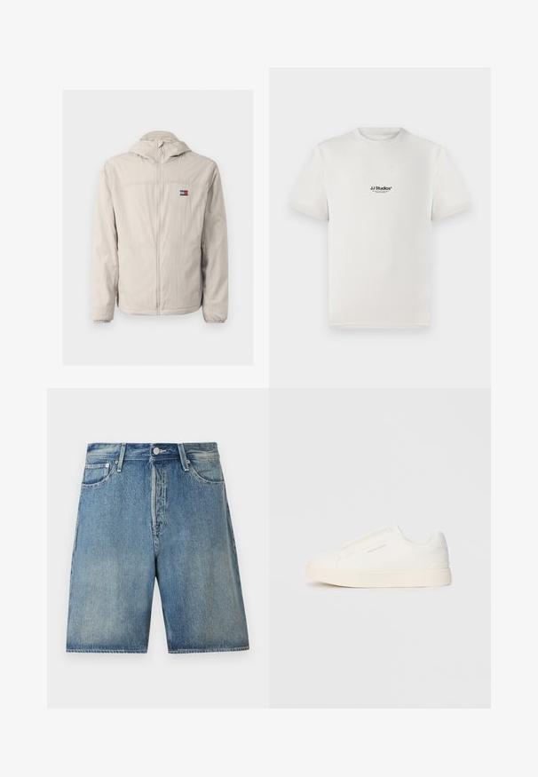 Heledbeez värvi lukuga tuulejakk kapuutsiga, elastsete mansettidega, küljetaskutega ning väikese Tommy Jeans logo'ga rinna peal.; Valge puuvillane T-särk lühikeste varrukatega, millel on rinnal must "JJ Studios" logo. Ümmargune kaelus ja tavaline lõige.; Heledad sinised teksad, klassikalise viie tasku disainiga, nööbiga kinnitamine, sirge lõikega ja veidi pleekinud viimistlusega.; Valged libisemiskindlad tossud tekstuuriga pinnaga, paksu tallaga ja minimalistikus disainis. Küljel on brändi logo.