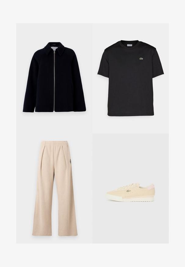 Samsøe Samsøe ALMA JACKET - Krátky kabát - salute; Čierne bavlnené tričko s okrúhlym výstrihom, krátkymi rukávmi a malým zeleným vyšitým logom na ľavej hrudi. Jednoduchý dizajn.; Béžové nohavice širokého strihu s textúrovanou látkou, s prednými záhybmi a elastickým pásom. S jemným detailom v podobe loga.; Béžové kožené tenisky s textúrovaným povrchom, bielou gumovou podrážkou a pastelovo ružovým akcentom na päte. Minimalistický dizajn s detailom loga.