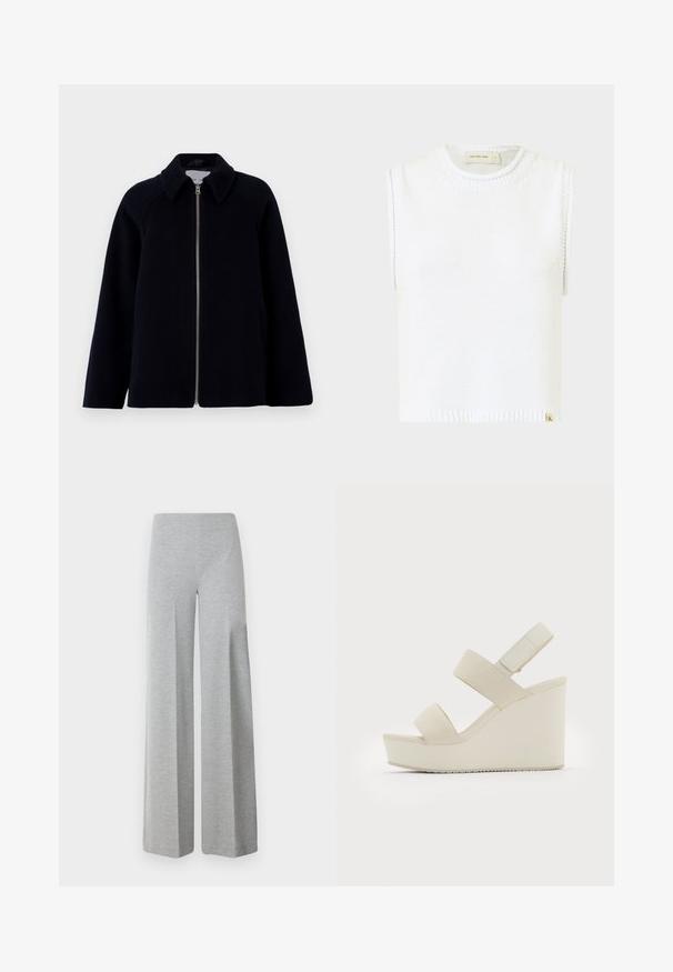 Samsøe Samsøe ALMA JACKET - Kort kåpe / frakk - salute; Hvit ermeløs strikket topp med rund halslinning, ribbet kant og sidesøm detaljer; har et lite merketag nederst.; Grå vide bukser laget av myk, elastisk stoff. Har høy midje og et glatt, minimalistisk design uten ekstra detaljer.; Beige kile-sandaler med to brede stropper og en avsmalnet hæl. Laget av glatt stoff med en teksturert såle. Logo preget på hælen.