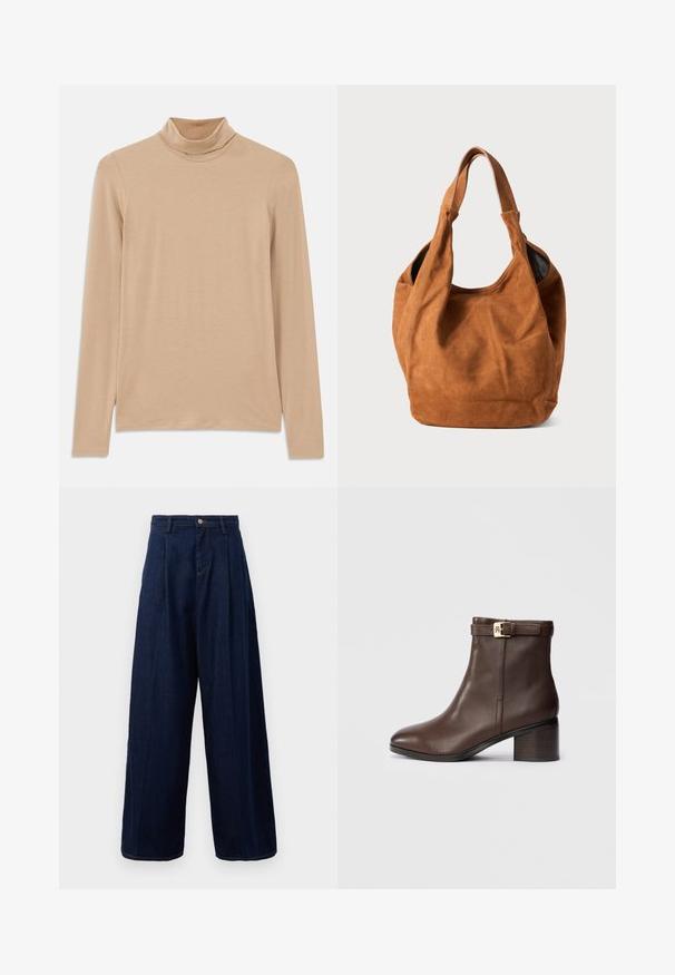 Samsøe Samsøe ALMA JACKET - Manteau court - salute; Haut à col roulé beige à manches longues, fabriqué en tissu doux et texturé ; présente une coupe ajustée et un col haut. Pas de motifs ni de matériel visibles.; Pantalons large en denim bleu foncé avec taille haute, devant plissé et fermeture classique à bouton, dotés de poches latérales et de coutures contrastées.; Bottine en cuir marron avec un bout arrondi, un talon bas en bloc et une sangle décorative à la cheville. Texture lisse et design épuré.; Sac à épaule en daim brun avec une texture douce, une forme incurvée et deux poignées. Il présente un design minimaliste sans matériel ou accents visibles.