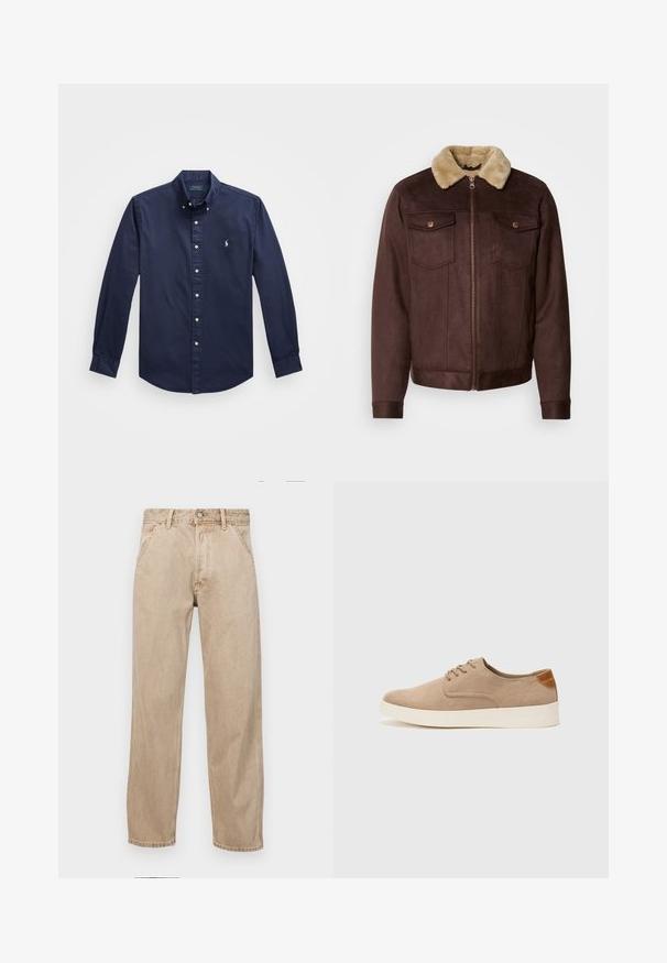 Casaco de camurça castanho com colarinho de pele bege, fecho com zipper, dois bolsos no peito com botões de pressão e punhos e bainha canelados.; Camisa azul marinho de manga longa com botão, feita de algodón, apresentando um pequeno logótipo bordado no peito e botões brancos na parte da frente.; Jeans de ganga bege com um design de perna reta, apresentando bolsos frontais, fecho com botão metálico e uma textura subtil.; Sapatilhas de camurça bege com bico arredondado, fecho de atacadores na parte da frente e um detalhe texturizado na parte de trás. A sola de borracha branca proporciona contraste. Design simples e moderno.