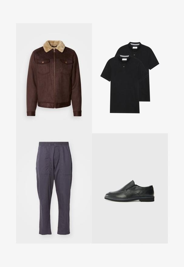 Giacca in suede marrone con colletto in pelliccia beige, chiusura con zip, due tasche sul petto con bottoni a pressione e polsini e orlo a coste.; Due magliette polo nere, con maniche corte, in cotone, con colletto classico, pattina a due bottoni e dettagli a righe bianche all'interno del colletto.; Pantaloni leggeri di colore grigio scuro, con vita elastica, due tasche frontali, design a gamba dritta e una superficie liscia.; Scarpa nera in pelle con inserto scivolare, superiore liscio, dettagli cuciti, punta arrotondata e tacco in gomma basso. La suola presenta un battistrada minimale.