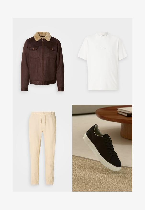 Brown suede jacket with a beige fur collar, zip closure, two chest pockets with snap buttons, and ribbed cuffs and hem.; White cotton t-shirt with a crew neck, short sleeves, and a small printed logo on the front. Smooth texture and relaxed fit.; Light beige linen trousers with a drawstring waist, tapered legs, and elastic cuffs. Simple design with a subtle texture.; Black sneaker with white sole floating above beige textured rug near round wooden table with stacked books.