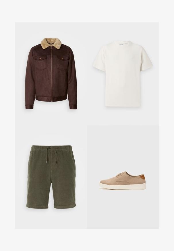 Braune Wildlederjacke mit einem beigen Pelzkragen, Reißverschluss, zwei Brusttaschen mit Druckknöpfen sowie gerippten Bündchen und Saum.; Weißes T-Shirt mit kurzen Ärmeln in gerippter Textur. Runder Ausschnitt, lockere Passform, keine sichtbaren Muster oder Akzente. Einfaches und vielseitiges Design.; Olivgrüne Cordshorts mit elastischem Bund, verstellbarem Kordelzug und umgeschlagenen Säumen. Strukturierter Stoff mit weichem Finish.; Beige Wildleder-Sneaker mit runder Zehenpartie, Schnürung und strukturiertem Rückenteil. Die weiße Gummisohle sorgt für einen Kontrast. Einfaches und modernes Design.