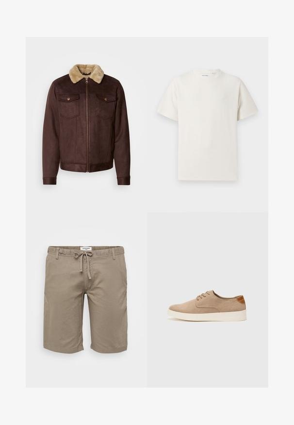 Barna velúr dzseki bézs szőrme gallérral, cipzáras záródással, két melletti zsebből patentgombokkal, valamint bordás mandzsetta és szegély.; Fehér, rövid ujjú póló bordázott textúrával. Kerek nyakkivágás, laza szabás, nincs látható minta vagy díszítés. Egyszerű és sokoldalú dizájn.; Bézs színű pamut rövidnadrág elasztikus derékrésszel és zsinórral, oldalzsebekkel és egyenes szabással. Simaságával és minimalista dizájnjával kiemelkedik.; Beige velúr sportcipő, kerek orral, fűzős elülső résszel és textúrált hátsó részlettel. Fehér gumitalp kontrasztot ad. Egyszerű és modern design.