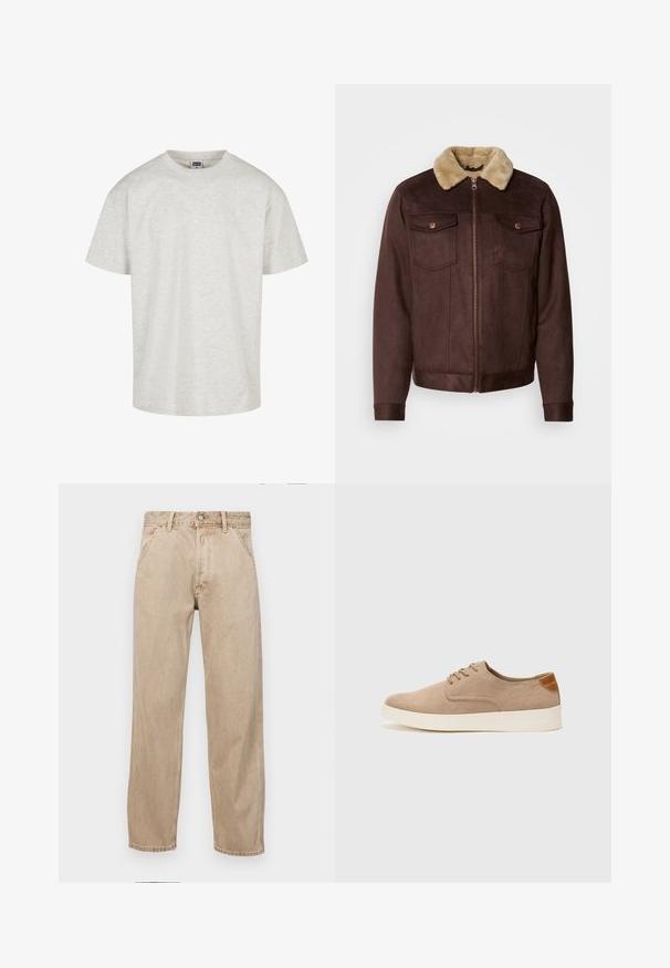 Pruun nahast jakker beezist karvakaelusest, lukuga, kahe rindkere taskuga, mis on suletud nöppudega, ja soonikkoes mansettide ja alläärega.; Helehall puuvillane T-särk lühikeste varrukatega, ümar kaelus ja lõtv istuvus. Tekstuuriga kangas õrna heatheri mustriga.; Bežidemini teksased sirgjoonise kujundusega, front pocket'itega, metallist nööbi kinnitusega ja peene tekstuuriga.; Beežid nahast tossud ümarate varvastega, paeltega esiosa ja tekstuuriga tagakontuuriga. Valge kummist tallapakkumine loob kontrasti. Lihtne ja kaasaegne disain.