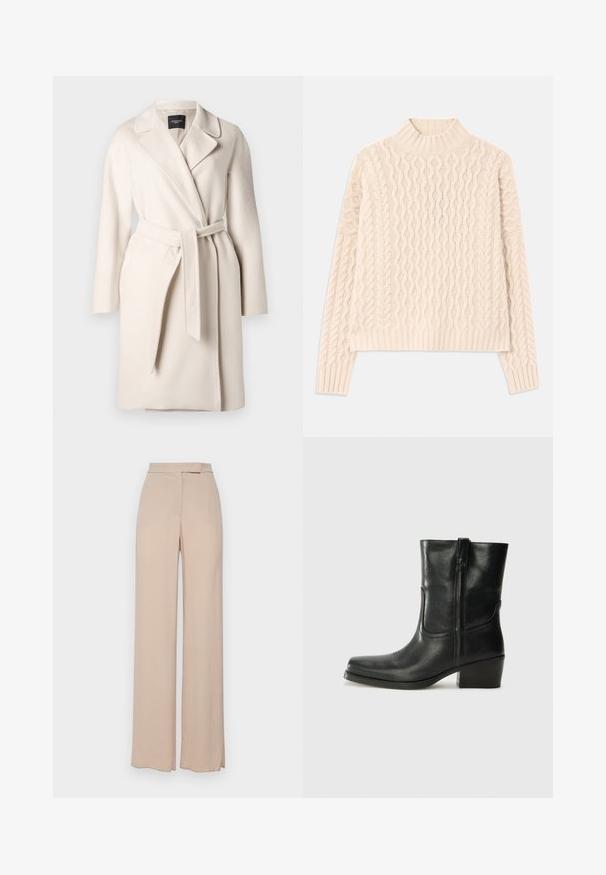 Casaco de lã bege com colarinho de lapela, mangas longas e cinto na cintura. Apresenta uma textura suave e uma silhueta reta.; Suéter de malha de cor creme com um colarinho alto com nervuras, apresentando um padrão de ondas e punhos e bainha canelados. Corte descontraído e acabamento texturizado.; Calças de perna larga em bege, feitas de um tecido leve. Apresentam uma textura lisa, bolsos frontais e um design discreto na cintura.; Bota de tornozelo em couro preto com bico arredondado, salto bloco, fecho lateral e detalhes em costura na parte frontal. Textura suave, design clássico.