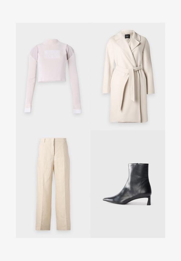 Bežinis vilnonis paltas su atlapais, ilgomis rankovėmis ir surišamu diržu. Jis pasižymi lygia tekstūra ir tiesia siluetu.; Šviesiai rožinė juostelėmis suknelė su ilgomis rankovėmis, turinti išpjautą pečių dizainą ir baltą tekstą "MOTHER JEANS" per visą priekį.; Bežinės lininės kelnės su laisvu kirpimu, preguldyta priekyje ir tiesiomis kojomis. Savybės: juosmuo su diržo kilpomis ir be matomų kišenių.; Juodas odinis kulkšninis batas su smailiu pirštu ir elegantišku dizainu. Turi žemą kulną ir užtrauktuką gale. Lygi tekstūra.