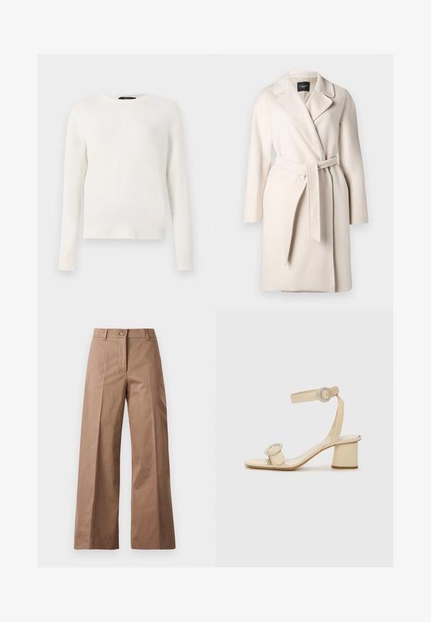Beige ullkappa med slagkrage, långa ärmar och knytbart midjebälte. Har en mjuk текстur och rak siluett.; Vit stickad tröja med rundad halsringning, långa ärmar och ribbade muddar. Mjuk textur med en enkel, klassisk design.; Bruna vida byxor i ett slätt tyg, med knappstängning fram, två framfickor och rena, skräddarsydda linjer.; Beige högklackade sandaler med minimalistisk design, med två cirkulära detaljer och en kraftig klack. Tillverkade av mjukt läder.