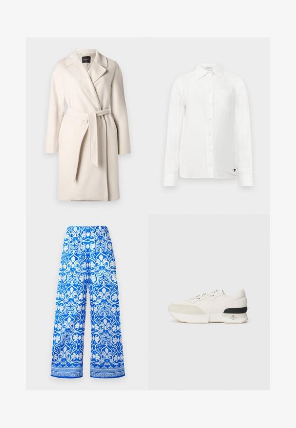 Abrigo de lana beige con cuello de solapa, mangas largas y cinturilla atada. Presenta una textura suave y una silueta recta.; Camisa blanca de manga larga con cuello abotonado, un bolsillo en el pecho y una tela sutilmente texturada. Presenta un detalle de logo bordado en negro.; Pantalones de pierna ancha en azul y blanco con cintura elástica y un intrincado patrón de damasco floral, que cuenta con un borde decorativo cerca del dobladillo.; Zapatilla blanca con una puntera de ante texturizado, parte superior de malla suave, cordones decorativos y un acento en el talón de goma negra.
