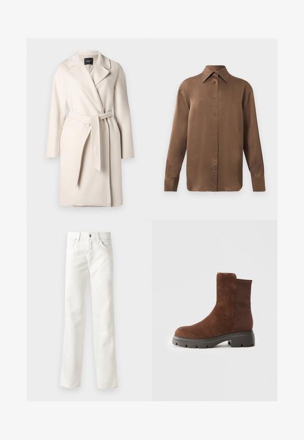 Palton bej din lână, cu guler tip rever, mâneci lungi și o curea legată în talie. Prezintă o textură netedă și o siluetă dreaptă.; Cămașă lungă cu mânecă, de culoare maro, cu guler și manșete ascuțite, prezentată pe un fundal alb simplu.; Jeanși albi din denim cu un design drept, cinci buzunare, închidere cu nasture și o textură subtilă. Finalizați cu bucle pentru curea și tiv standard.; Botine din suede maro, cu panouri elastice laterale, vârf rotunjit și o talpă groasă din cauciuc, având un model texturat de profil.