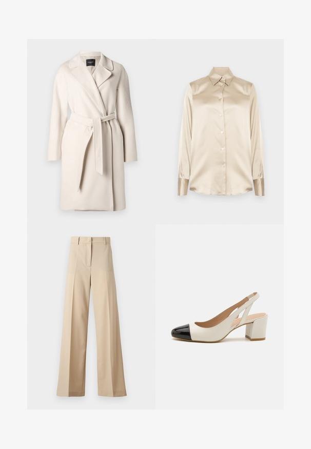 Bézs gyapjú kabát hajtókás gallérral, hosszú ujjakkal és megkötős derékövével. Simább textúrával és egyenes sziluettel rendelkezik.; Beige selyem ing hegyes gallérral, teljes hosszúságú ujjakkal, gombos záródással és enyhén fényes anyagú mandzsettákkal. Minták vagy díszítések nélkül.; Beige színű, bő szabású nadrág sima anyagból, lapos elejével, redőkkel, cipzáras záródással és övhurkokkal. Összességében testreszabott szabású.; Fehér bőr szandálcipő fekete lakkbőr hegyes orral. Blokksarka van, és kivágott mintázattal rendelkezik az oldalán.
