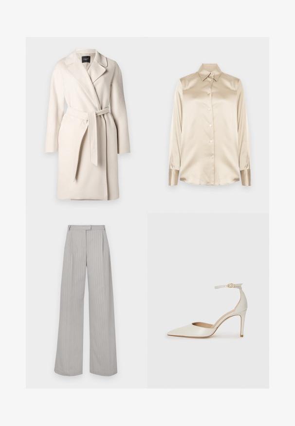 Palton bej din lână, cu guler tip rever, mâneci lungi și o curea legată în talie. Prezintă o textură netedă și o siluetă dreaptă.; Cămașă din satin bej cu guler ascuțit, mâneci lungi, închidere cu nasturi și manșete cu o finisare ușor lucioasă. Fără modele sau accente.; Pantaloni largi gri deschis cu dungi verticale albe, având pliu frontal și talie plată. Realizați dintr-un material neted.; Pantofii înalți din piele albă, cu vârf ascuțit, curea la gleznă și toc subțire de tip stiletto. Textură netedă cu un finisaj subtil lucios.
