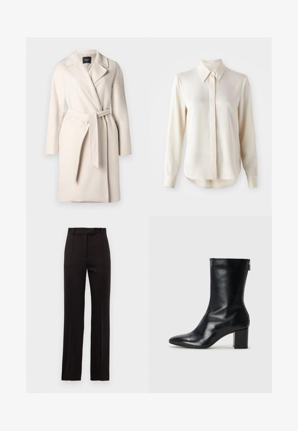 Beež villane mantel klapikaelusega, pikad varrukad ja lipsuga vööpand. Omab siledat tekstuuri ja sirget siluetti.; Pikendatud käistega, kaelusega siidist särk, mis on valmistatud elevandiluust, sisaldab nööbid esitamisel, kerget sära ja ümarat äärt lõdva lõikega.; Mustad püksid sirge lõikega, millel on peened triibud, vööde kombineerimiseks mõeldud silmused ja sile tekstuur.; Must musta ankle boot teravaid varvastega ja 4 cm plokknõela. Suurepärase disainiga, millel on külgrihm lihtsaks läbi panemiseks. Sile tekstuur.