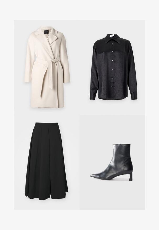 Beige wollen jas met een reverskraag, lange mouwen en een strikceintuur. Heeft een zachte textuur en een rechte silouet.; Zwarte blouse met lange mouwen en een kraag, voorzien van een gekreukt oppervlak, volwaardige knopen aan de voorkant en manchetten. Gemaakt van een gladde stof.; Theory IRREG - Plooirok - black; Zwarte leren enkellaars met een spitse neus en een slank ontwerp. Heeft een lage hak en een ritssluiting aan de achterkant. Gladde textuur.