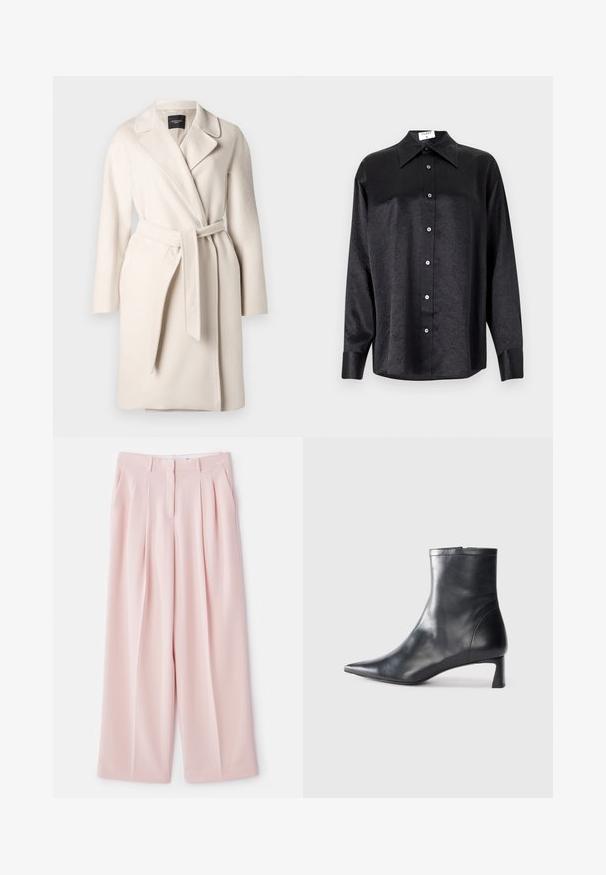 Beige Wollmantel mit Reverskragen, langen Ärmeln und einem gebundenen Taillengürtel. Hat eine glatte Textur und eine gerade Silhouette.; Schwarzes Langarmhemd mit kragenförmigem Halsausschnitt, mit einem zerknitterten Textur, voller Knopfleiste und Manschetten. Hergestellt aus einem glatten Stoff.; Helle rosa, weite Hose mit vorderen Falten, einem strukturierten Bund und einer glatten Stoffoberfläche. Verfügt über zwei seitliche Taschen.; Schwarze Lederstiefelette mit spitzer Zehe und schlankem Design. Verfügt über einen niedrigen Absatz und einen Reißverschluss hinten. Glatte Textur.