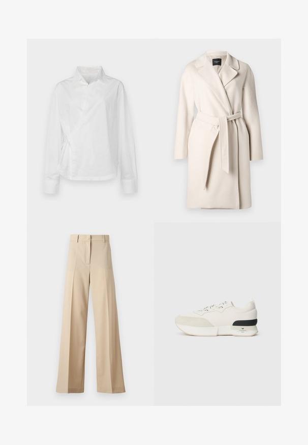 Bežinis vilnonis paltas su atlapais, ilgomis rankovėmis ir surišamu diržu. Jis pasižymi lygia tekstūra ir tiesia siluetu.; Faithfull the brand ALLISTE OVERSIZED FIT WRAP - Palaidinė - white; Smėliniai plačių kojų kelnių pagamintos iš lygaus audinio, su plokščiu priekiu su klostėmis, užtrauktuku ir kilpomis diržui. Visapusiškai pritaikyta forma.; Balti sportiniai bateliai su tekstūruotu zomšiniu priekiu, sklandžiu tinkliniu viršumi, dekoratyviomis raištelėmis ir juodu guminiu kulno akcentu.