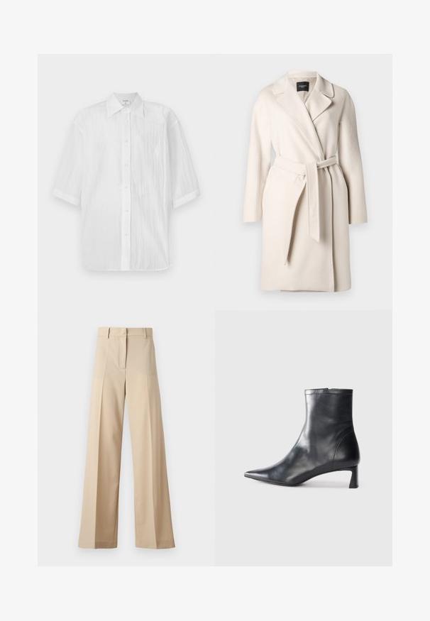 Beež villane mantel klapikaelusega, pikad varrukad ja lipsuga vööpand. Omab siledat tekstuuri ja sirget siluetti.; Valge lühikeste varrukatega nööbiga särk, kerge ja tekstuurse kangaga, millel on krae ja sirge äär, brändi nimega etikett.; Kreemikad laiad püksid, mis on valmistatud siledast kangast, millel on tasapinnaline esiosa koos voldikutega, lukuga esiosa ja vöökohale silmused. Üldine puhas istuvus.; Mustad mustall nahkasaabas terava nina ja stiilse disainiga. Omab madalat konts ja luku sulgemist taga. Sile tekstuur.