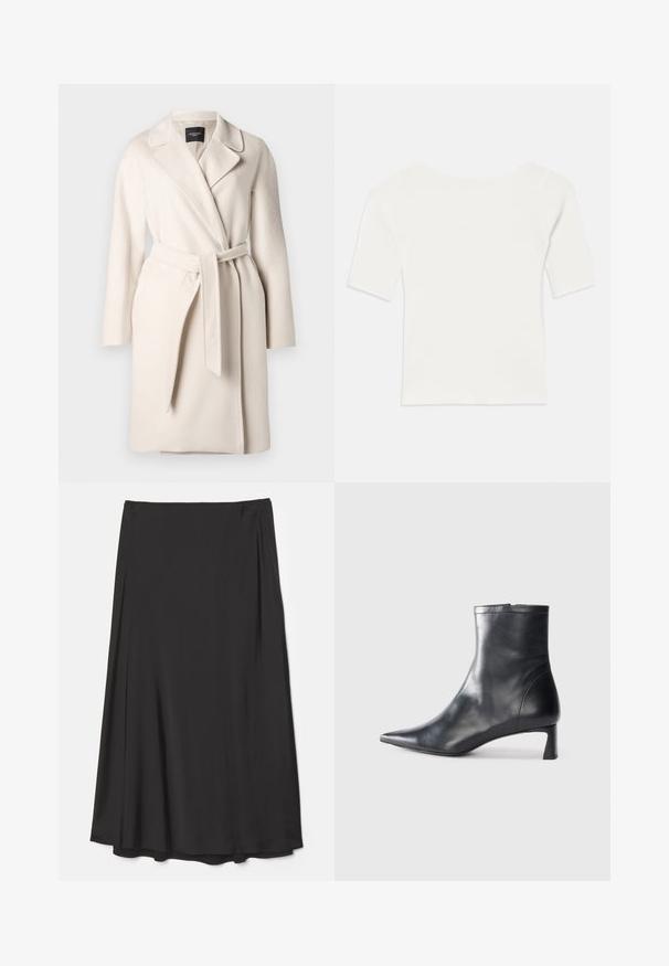 Beige uldfrakke med reverskrave, lange ærmer og bælte i taljen. Har en glat tekstur og lige silhuet.; Hvid ribbet kortærmet top med en bred udskæring. Teksturen har lodrette striber, der fremhæver en tætsiddende pasform og et enkelt design.; Sort knælang nederdel lavet af glat stof; har et flydende design med bløde draperinger og ingen synlige lukninger.; Sort læder ankelstøvle med spids tå og et strømlinet design. Har en lav hæl og en lynlås lukning bagpå. Glat tekstur.