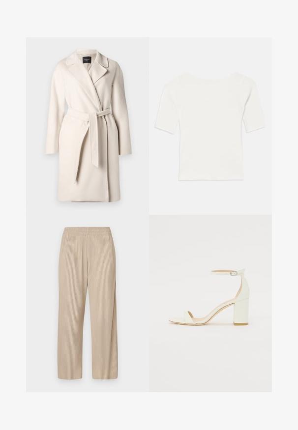 Béžový vlnený kabát s klopovým golierom, dlhými rukávmi a viazaným opaskom v páse. Má hladkú textúru a rovný strih.; Biely rebrovaný krátky rukáv s širokým výstrihom. Textúra má vertikálne pruhy, čo zvýrazňuje priliehavý strih a jednoduchý dizajn.; Max Mara Leisure ROLANDA - Nohavice - beige; Biele kožené sandále na blokovom podpätku s remienkom okolo členku a minimalistickým dizajnom. Otvorená špička a hladké textúry po celom povrchu.