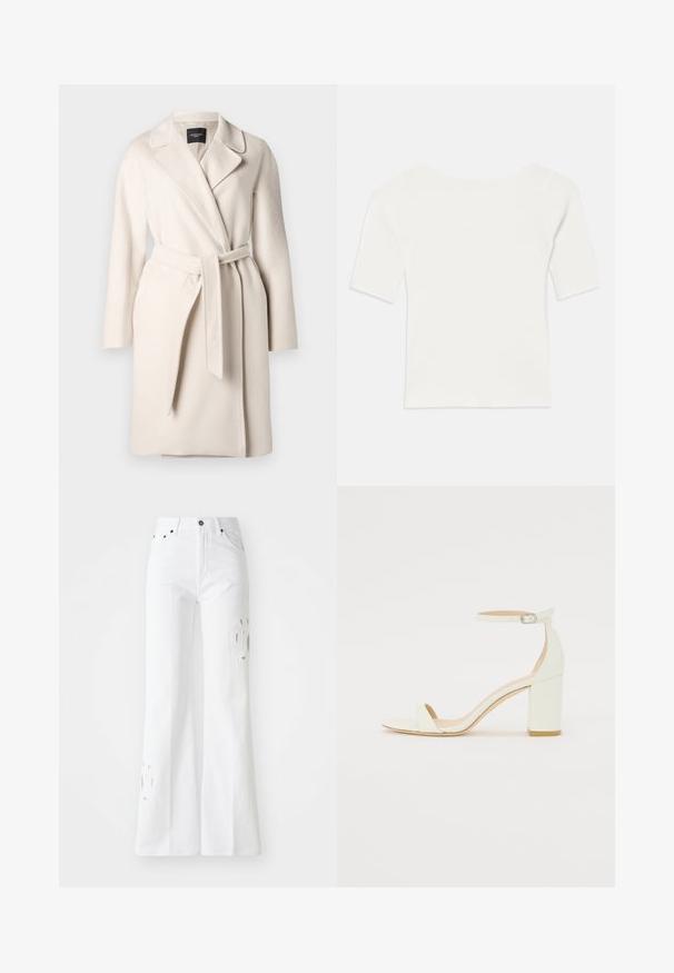 Bežinis vilnonis paltas su atlapais, ilgomis rankovėmis ir surišamu diržu. Jis pasižymi lygia tekstūra ir tiesia siluetu.; Balta raukšlėta trumpomis rankovėmis palaidinė su plačiu kaklu. Tekstūra turi vertikalias juosteles, pabrėžiančias tvirtą prigludimą ir paprastą dizainą.; Balti plačios džinsinės kelnės, pagamintos iš džinsinio audinio, su aukštu liemeniu, subtiliais išpjovimais ir penkių kišenių stiliumi. Metalinis mygtukas ir užtrauktukas.; Baltos odos blokinio kulno sandalai, su kulkšnies dirželiu ir sagtimi, minimalistinio dizaino. Atvira pirštų dalis ir sklandžios tekstūros visoje.