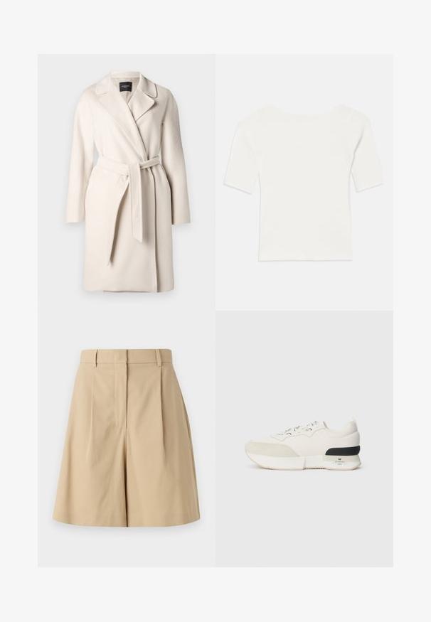 Manteau en laine beige avec un col à revers, des manches longues et une ceinture nouée à la taille. Présente une texture lisse et une silhouette droite.; Haut blanc à col large et à manches courtes avec une texture côtelée. Les rayures verticales mettent en valeur une coupe ajustée et un design simple.; Shorts plissés beige à taille haute, présentant une texture lisse et sans fermetures visibles, conçus pour une silhouette épurée.; Baskets blanches avec un capuchon en suède texturé, un upper en mesh lisse, des lacets décoratifs, et un accent de talon en caoutchouc noir.