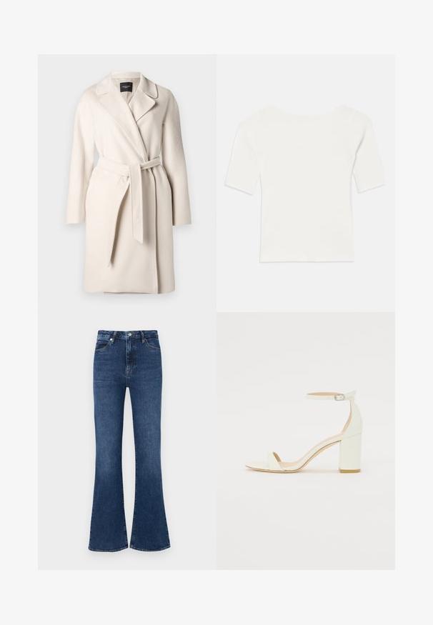 Bežinis vilnonis paltas su atlapais, ilgomis rankovėmis ir surišamu diržu. Jis pasižymi lygia tekstūra ir tiesia siluetu.; Balta raukšlėta trumpomis rankovėmis palaidinė su plačiu kaklu. Tekstūra turi vertikalias juosteles, pabrėžiančias tvirtą prigludimą ir paprastą dizainą.; Tamsiai mėlynos džinsinės kelnės su plačiu klešnių apkaustu, aukštu liemeniu, standartiniu penkių kišenių dizainu ir subtiliais siuvinėjimo akcentais.; Baltos odos blokinio kulno sandalai, su kulkšnies dirželiu ir sagtimi, minimalistinio dizaino. Atvira pirštų dalis ir sklandžios tekstūros visoje.