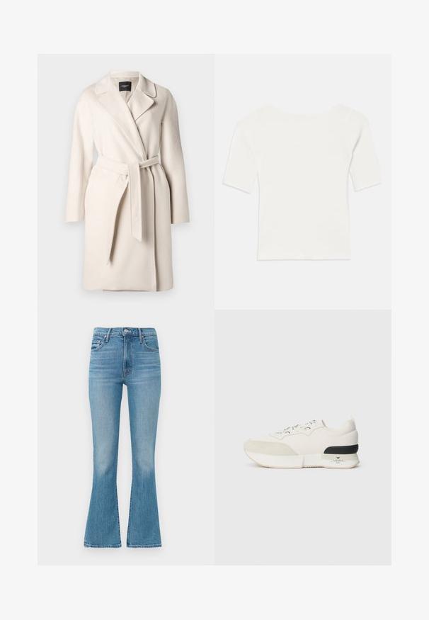 Beige ullkappa med slagkrage, långa ärmar och knytbart midjebälte. Har en mjuk текстur och rak siluett.; Vit ribbad kortärmad topp med vid halsringning. Texturen har vertikala ränder som betonar en tight passform och enkelt design.; Ljust blå utsvängda jeans tillverkade av denim, med hög midja, femfickorsdesign och minimalistisk sömnad med en urtvättad finish vid fållen.; Vit sneakers med en texturerad mocka tåbox, slät meshovandel, dekorativa snören och en svart gummihälaccents.