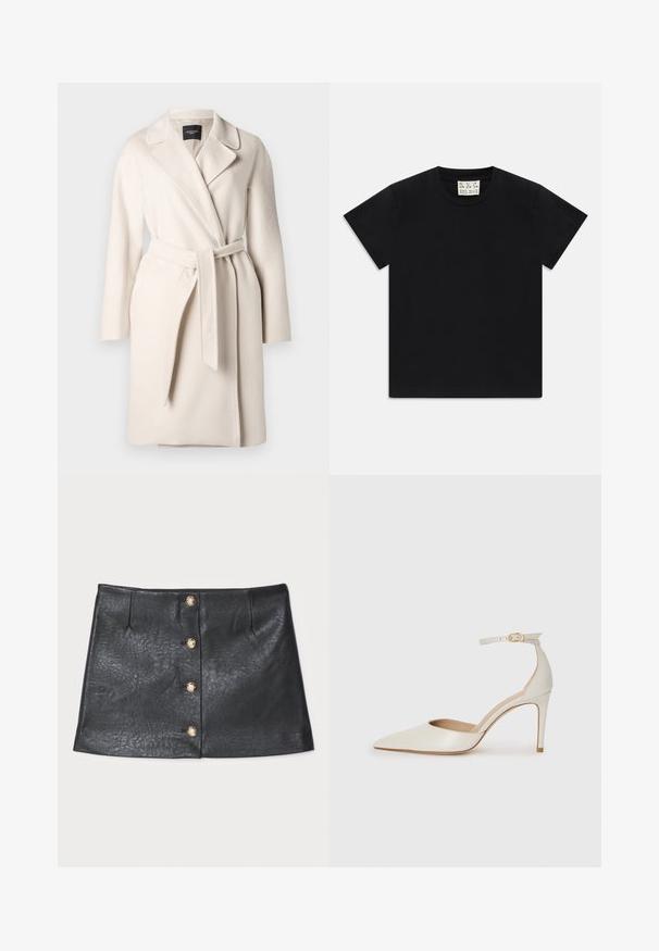 Manteau en laine beige avec un col à revers, des manches longues et une ceinture nouée à la taille. Présente une texture lisse et une silhouette droite.; T-shirt noir à manches courtes avec col rond, portant une étiquette blanche à l'intérieur du col étiquetée "D.R.C. EST. 2002" sur fond blanc.; Mini jupe en cuir noir avec un design élégant, fermeture à bouton frontale avec des accents dorés, et une surface texturée avec un léger éclat.; Chaussure à talon haut en cuir blanc avec un bout pointu, une bride de cheville et un talon aiguille fin. Texture lisse avec une finition légèrement brillante.