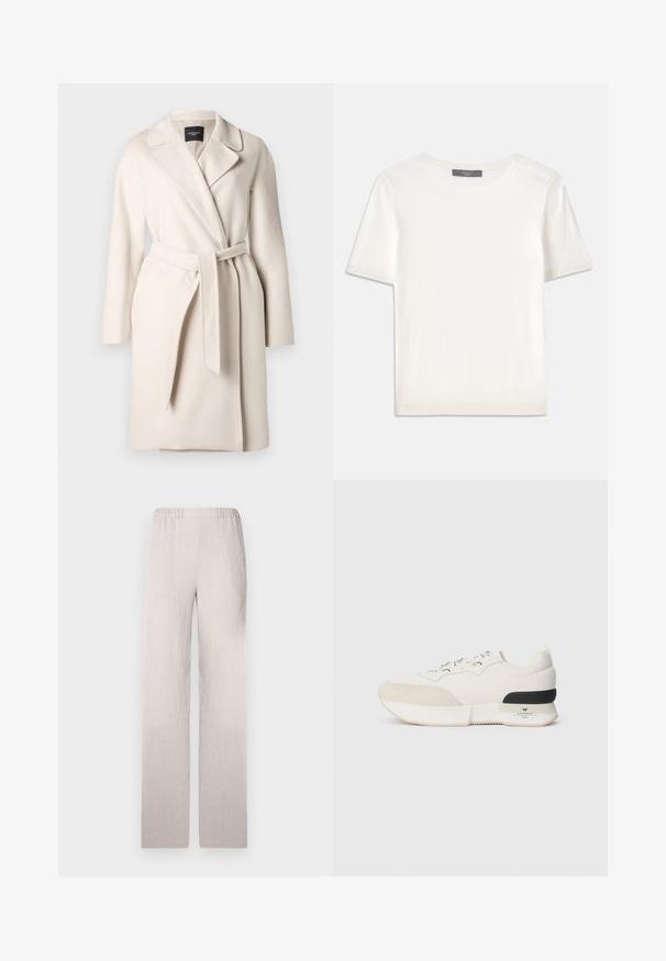 Beige villakangasviitta, jossa on kauluskotelo, pitkät hihat ja sidottava vyö. Ominaisuuksiin kuuluu sileä pinta ja suora siluetti.; Valkoinen lyhythihainen neulepaita, jossa on pyöreä kaula-aukko. Paidan pinnassa on sileä rakenne ja hihansuissa sekä helmassa hienostuneet ribbineulekoristeet.; Vaaleanbeige leveälahkeiset housut, jotka on valmistettu teksturoidusta materiaalista. Niissä on joustava vyötärö ja sileä viimeistely. Muotoiltu, suora siluetti.; Valkoiset tennarit, joissa on teksturoidulla mokkanahalla vuorattu kärki, sileä verkko-yläosa, koristeet nauhat ja musta kuminen kantapään korostus.