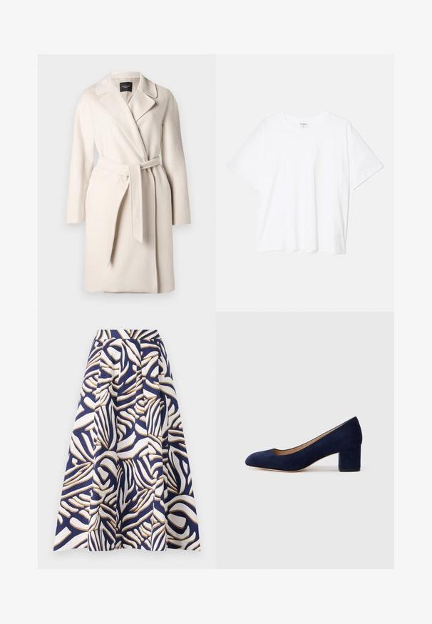 Béžový vlnený kabát s klopovým golierom, dlhými rukávmi a viazaným opaskom v páse. Má hladkú textúru a rovný strih.; Biely bavlnený tričko s krátkymi rukávmi, okrúhlym výstrihom, voľným strihom a prešitým lemom. Štítok viditeľný na vnútornom krku.; Sukňa do dĺžky kolien vyrobená z bavlny, s námorníckou modrou farbou a výraznými bielymi a zlatými abstraktnými vzormi; plisé dodáva objem.; Námořnické modré semišové lodičky s špičatou špičkou a středním blokovým podpatkem. Hladká textura s jemným leskem a malým výstřihem vpředu.
