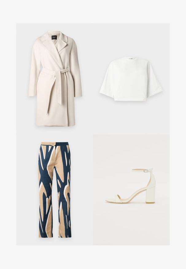 Bež kaput od vune s ovratnikom, dugim rukavima i pojasom na vezivanje. Ima glatku teksturu i ravnu siluetu.; Bijela skraćena majica s opuštenim krojem, kratkim širokim rukavima, okruglim izrezom i bočnim prorezima, izrađena od mekanog pamučnog materijala.; Hlače širokog kroja u mornarsko plavoj, bež i bijeloj grafičkoj uzorku. Izrađene od lagane tkanine s glatkom teksturom i prilagođenim strukom.; Bijela kožna sandala na blok petu s remenom oko zapešća i minimalističkim dizajnom. Otvoreni nos i glatke teksture kroz cijelu obuću.