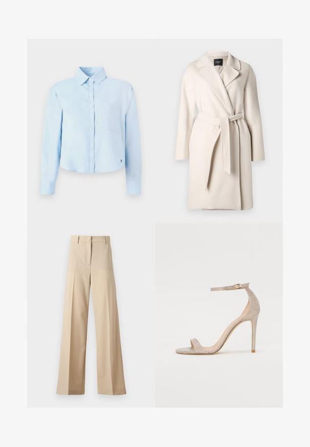 Beżowy wełniany płaszcz z kołnierzem, długimi rękawami i zawiązywanym paskiem w talii. Posiada gładką teksturę i prostą sylwetkę.; Jasnoniebieska, długi rękaw, skrócona koszula z kołnierzykiem na guziki, pojedyncza kieszeń na piersi i subtelne logo po dolnej stronie. Gładka tekstura.; Beżowe spodnie o szerokich nogawkach wykonane z gładkiego materiału, z płaskim przodem i zakładkami, z zapięciem na zamek i pętelkami na pasek. Dopasowany krój.; Sandały na wysokim obcasie z paskami w metalicznym odcieniu różowego złota, z teksturowaną cholewką, otwartym toe oraz paskiem wokół kostki z ozdobną złotą klamrą.