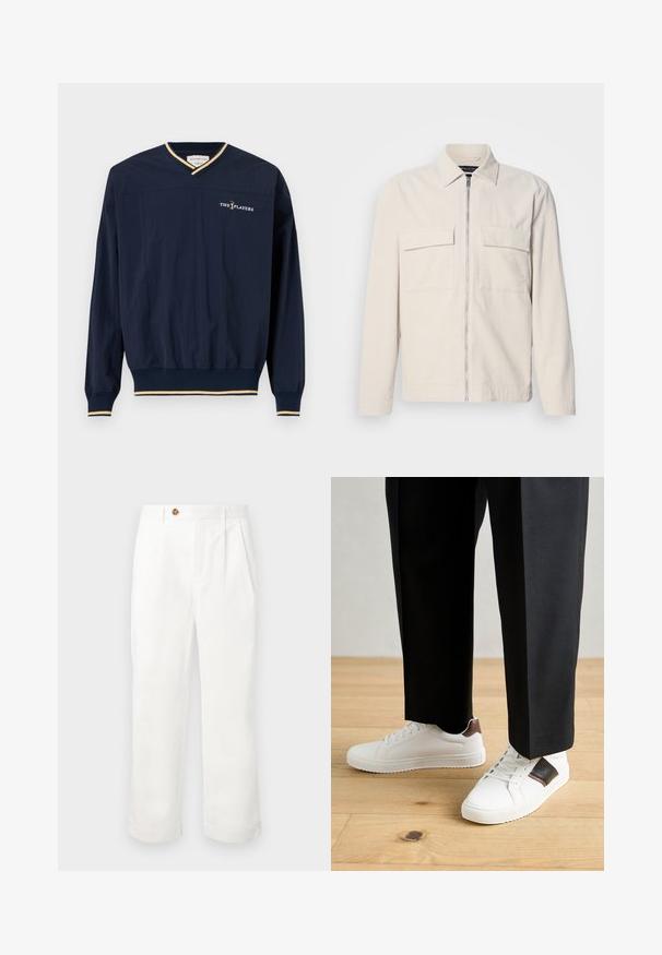 Světlý béžový kordurový kabát s předním zipem, dvěma náprsními kapsami, límcem a dlouhými rukávy. Hladká textura a minimalistický design.; Námořnický pulovr s výstřihem do V, dlouhými rukávy, elastickým lemem a manžetami s pozlacenými detaily. Na hrudi je vyšitý nápis "THE PLAYERS".; Bílé bavlněné kalhoty se rovným střihem, se dvěma předními sklady, jedním zapínáním na knoflík a bočními kapsami. Hladká textura.; Bílé tenisky s hladkým povrchem, s hnědými koženými akcenty a černými detaily, kombinované s černými kalhotami na míru. Pozadí tvoří dřevěná podlaha.