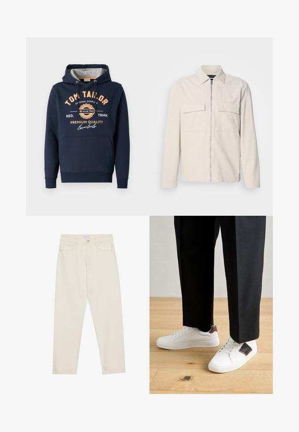Világos bézs kordbársony dzseki elől cipzárral, két mellzsebbel, gallérral és hosszú ujjakkal. Sima textúrájú és minimalista dizájnnal rendelkezik.; Tengerészkék kapucnis pulóver, pamutból készült, szürke béléssel. Elöl narancssárga szöveg és logók láthatók, kenguruzsebbel és bordázott mandzsettákkal.; Beige farmernadrág egyenes szárú szabással, öt zsebbel, gombos záródással és finom varrási részletekkel. Simaságérzet.; Fehér sneaker, sima textúrával, barna bőr díszítéssel és fekete részletekkel, fekete szabott nadrággal párosítva. Fából készült padló háttér.