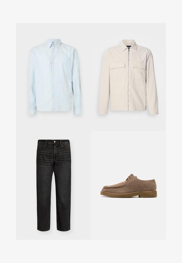 Casaco de corduroy bege claro com fecho dianteiro, dois bolsos no peito, gola e mangas longas. Textura suave e design minimalista.; Camisa azul clara com riscas verticais brancas, gola clássica, mangas longas e dois detalhes de botão nas mangas.; Conjunto de cinco t-shirts de manga curta nas cores branco, bege, cinza claro, cinza escuro e preto. Feitas de algodão suave, com design de gola redonda.; Jeans de denim preto com corte reto, apresentando uma cintura de altura média, cinco bolsos e fecho em botão de metal. Textura suave com desbotamento sutil.; Zign LEATHER - Sapatos casuais com atacadores - taupe