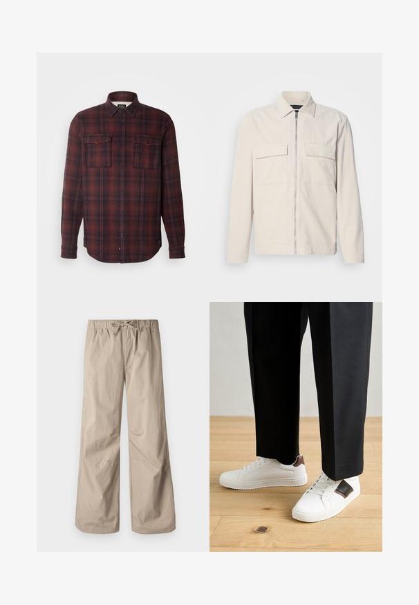 Světlý béžový kordurový kabát s předním zipem, dvěma náprsními kapsami, límcem a dlouhými rukávy. Hladká textura a minimalistický design.; Červená a černá kostkovaná flanelová košile s límcem na knoflíky, dvěma kapsami na hrudi a dlouhými rukávy. Má volný střih a zaoblený lem.; Béžové kalhoty širokého střihu s elastickým pasem a stahovací šňůrkou. Hladký materiál, dvě boční kapsy a minimální švy pro uvolněný fit.; Bílé tenisky s hladkým povrchem, s hnědými koženými akcenty a černými detaily, kombinované s černými kalhotami na míru. Pozadí tvoří dřevěná podlaha.