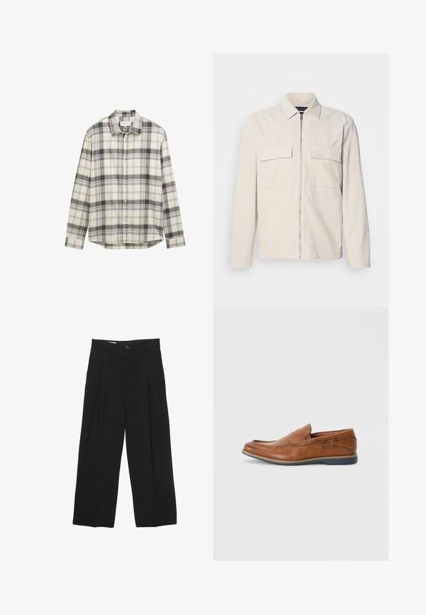 Svijetlosmeđa žakard jakna s prednjim patentnim zatvaračem, dva džepa na prsima, ovratnikom i dugim rukavima. Glatka tekstura i minimalistički dizajn.; Košulja s dugim rukavima u bež i sivim tonovima, s kragnom na zakopčavanje i ravnim rubom. Izrađena od teksturiranog materijala.; Crne široke hlače od glatkog materijala, s ravnim pojasom, prednjim nabranim detaljima i zatvaranjem na jedan gumb.; Smeđe kožne mokasine s okruglim vrhom, šivanim detaljima i niskim gumenim potplatom. Dizajn sadrži trakicu preko gornjeg dijela.